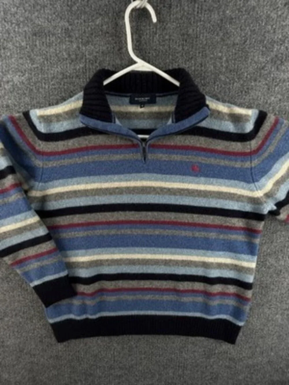 Burberry London 8 Long Sleeve Logo 1/4 Zip Striped Pullover Blue Gray Wool Mens